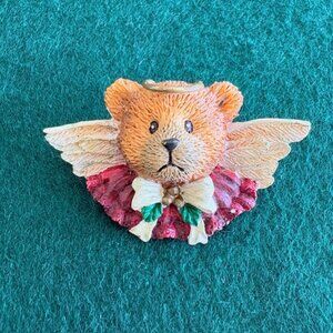 Vintage Russ Berrie Resin 3D Angel Bear Burgundy Holly Christmas Brooch Pin